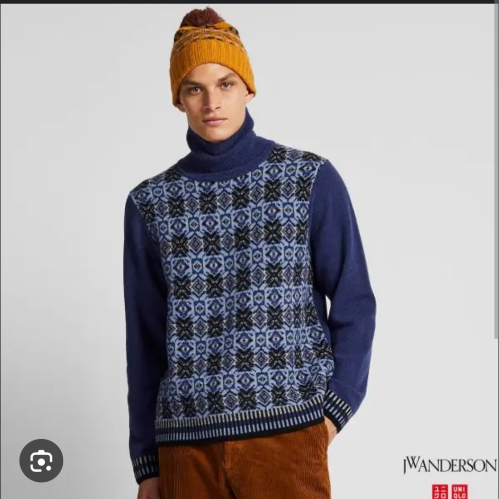 JW Anderson Uniqlo Blue and Black Fair Isle Patterned Turtleneck Sweater Sz L